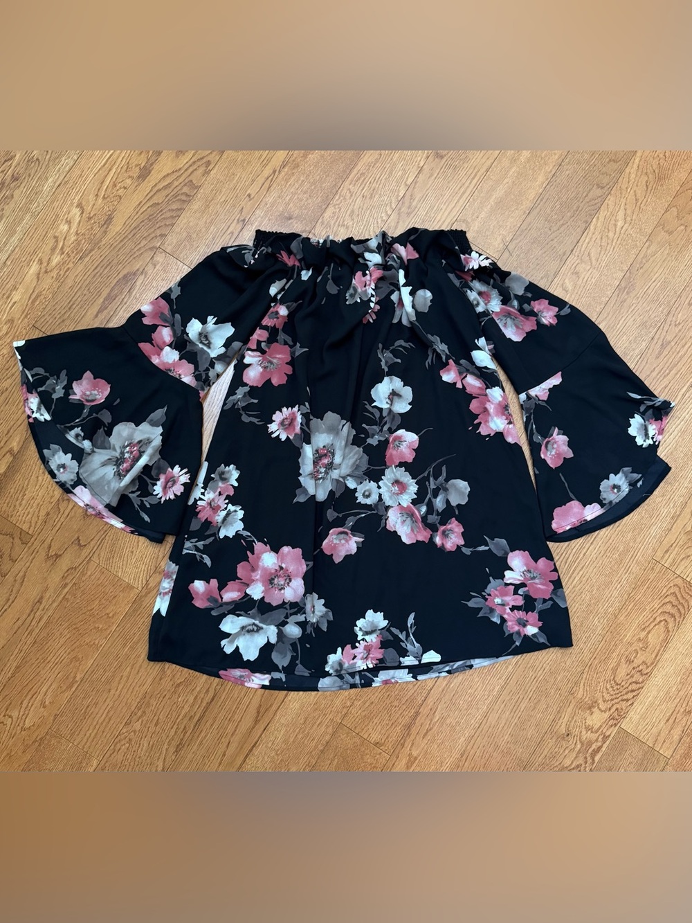 Altar’d State Off-Shoulder Black Floral Bell-Sleeve Top - Pink & White Flowers